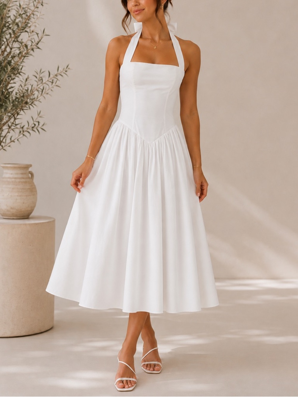 Elegant White Halter Midi Dress